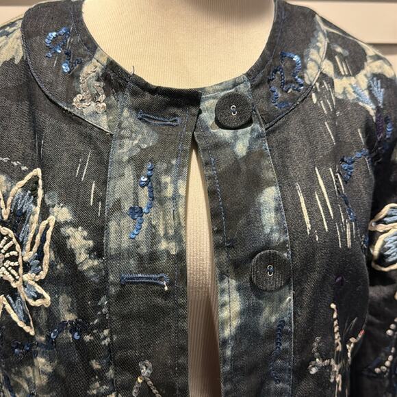 Chico’s Denim Jacket beautiful embroidered and embellished with sequins/ beads. - Picture 3 of 7